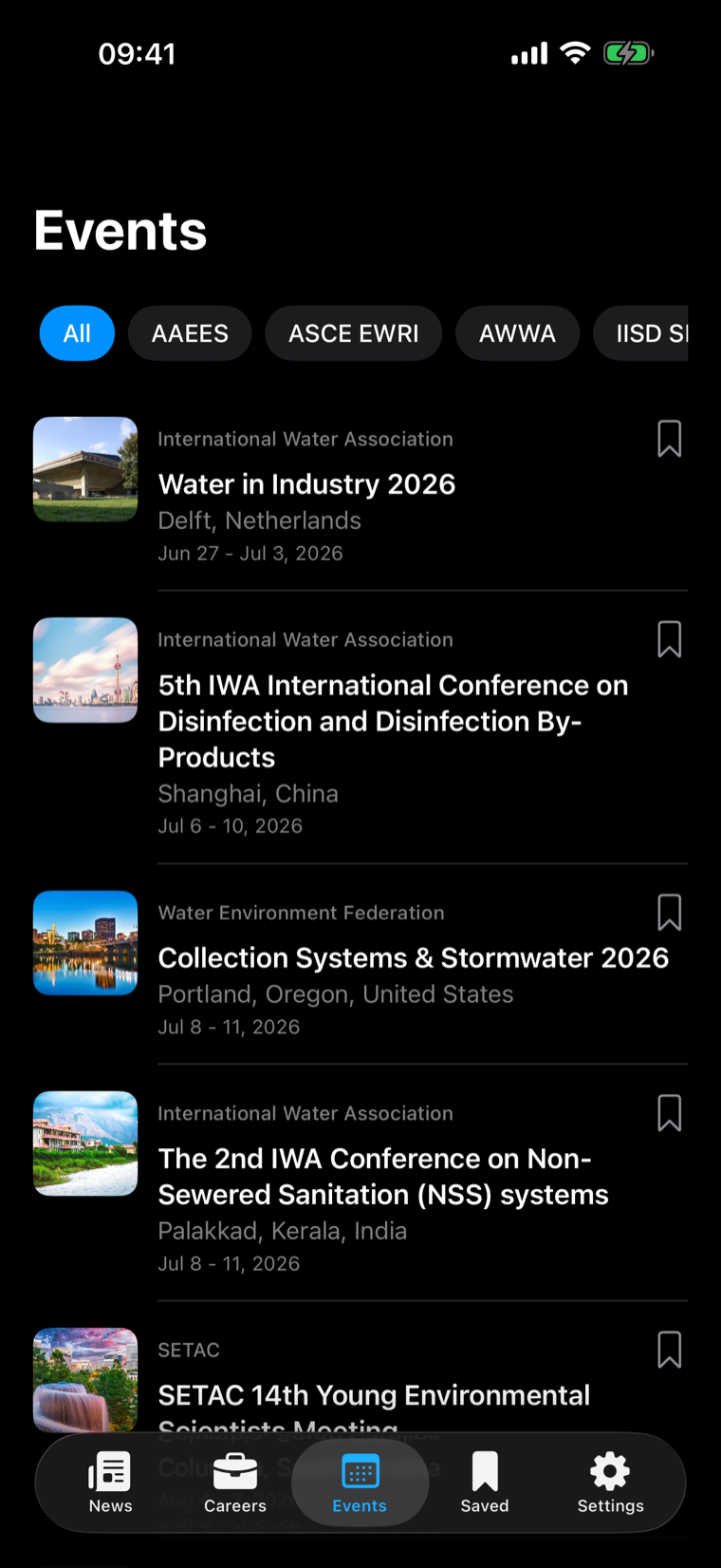 iPhone'da EnviroNews etkinlikler sekmesi, iklim konferansları listesi